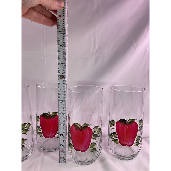 Set of 4 Rare Vintage Hand Painted Apple Clear Glass Drinking Glasses 7" Tall - Picture 6 of 9